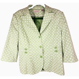 Amanda Smith Blazer Jacket Women's 14 Green White Geometric Stretch Cotton